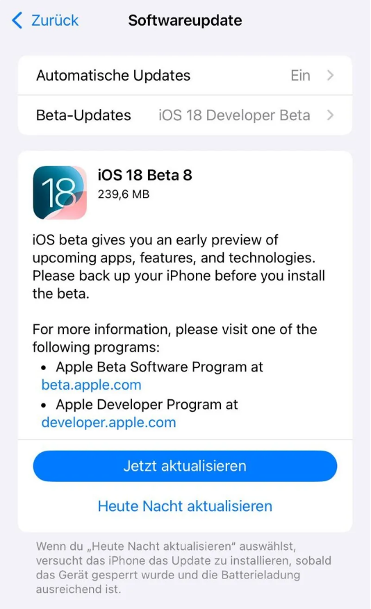 运城苹果手机维修分享苹果 iOS / iPadOS 18 开发者预览版 Beta 8 发布 